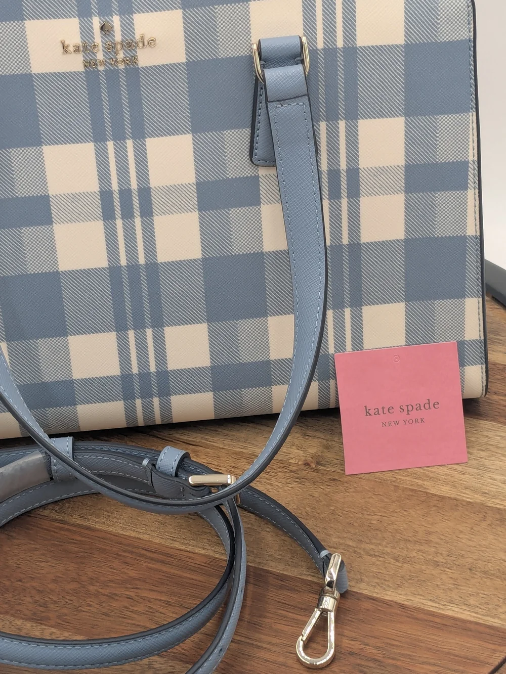 Kate Spade New York Blue Plaid Saffiano Leather Satchel Crossbody Bag